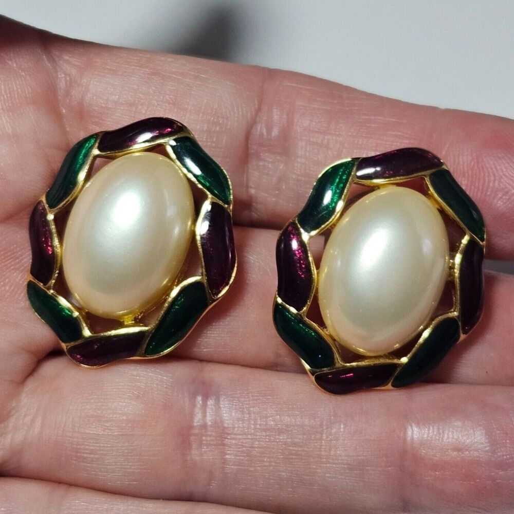 Trifari gold tone faux pearl earrings